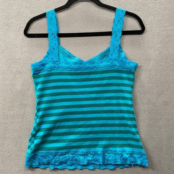 Vtg 90s 00s Y2K Striped Lace Trim Straps Camisole Tank Top Womens XL Blue Cotton - Picture 2 of 11